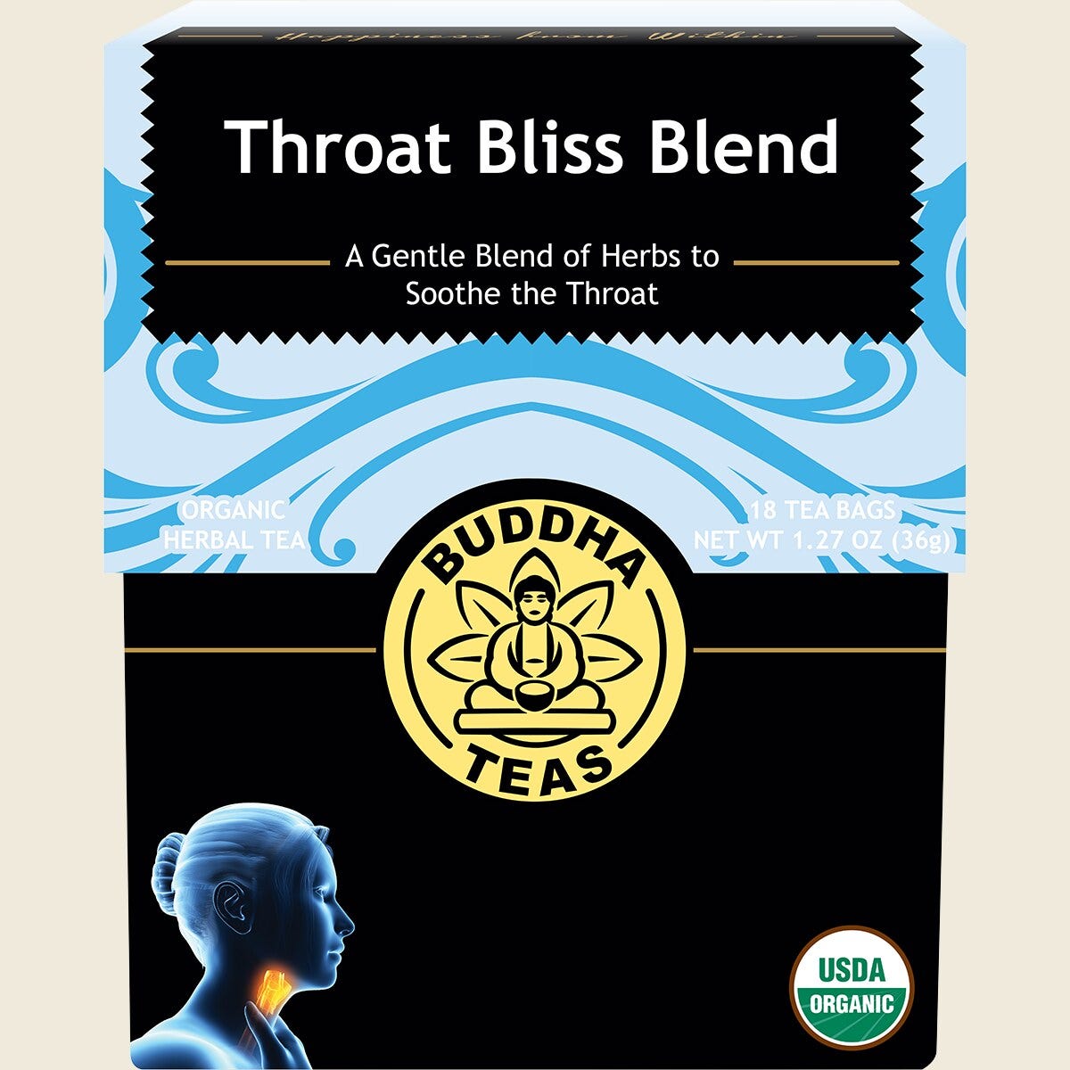 Buddha Teas Organic Herbal Tea Bags Throat Bliss Blend 18pk