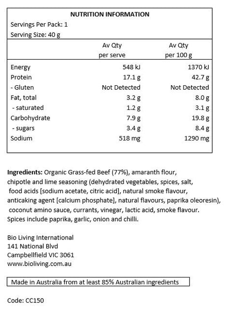 Chief Nutrition Grass Fed Beef Bar - Chipotle & Lime 40g (12 bars)