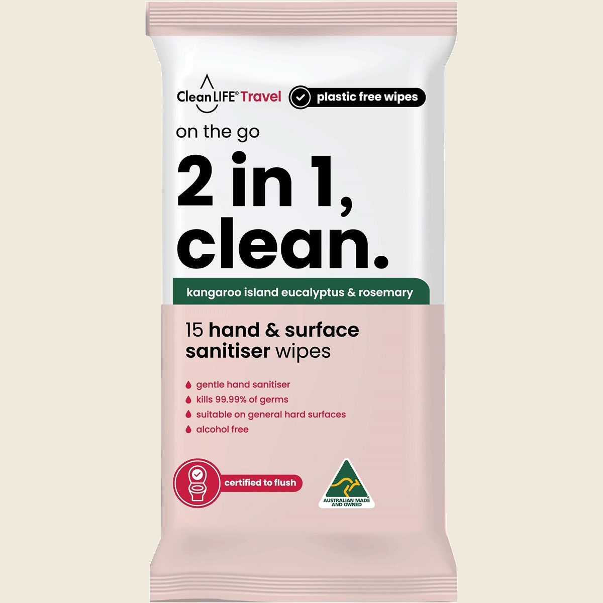 CleanLife 2 In 1 Plastic Free Wipes Hand and Surface Sanitiser 15pk