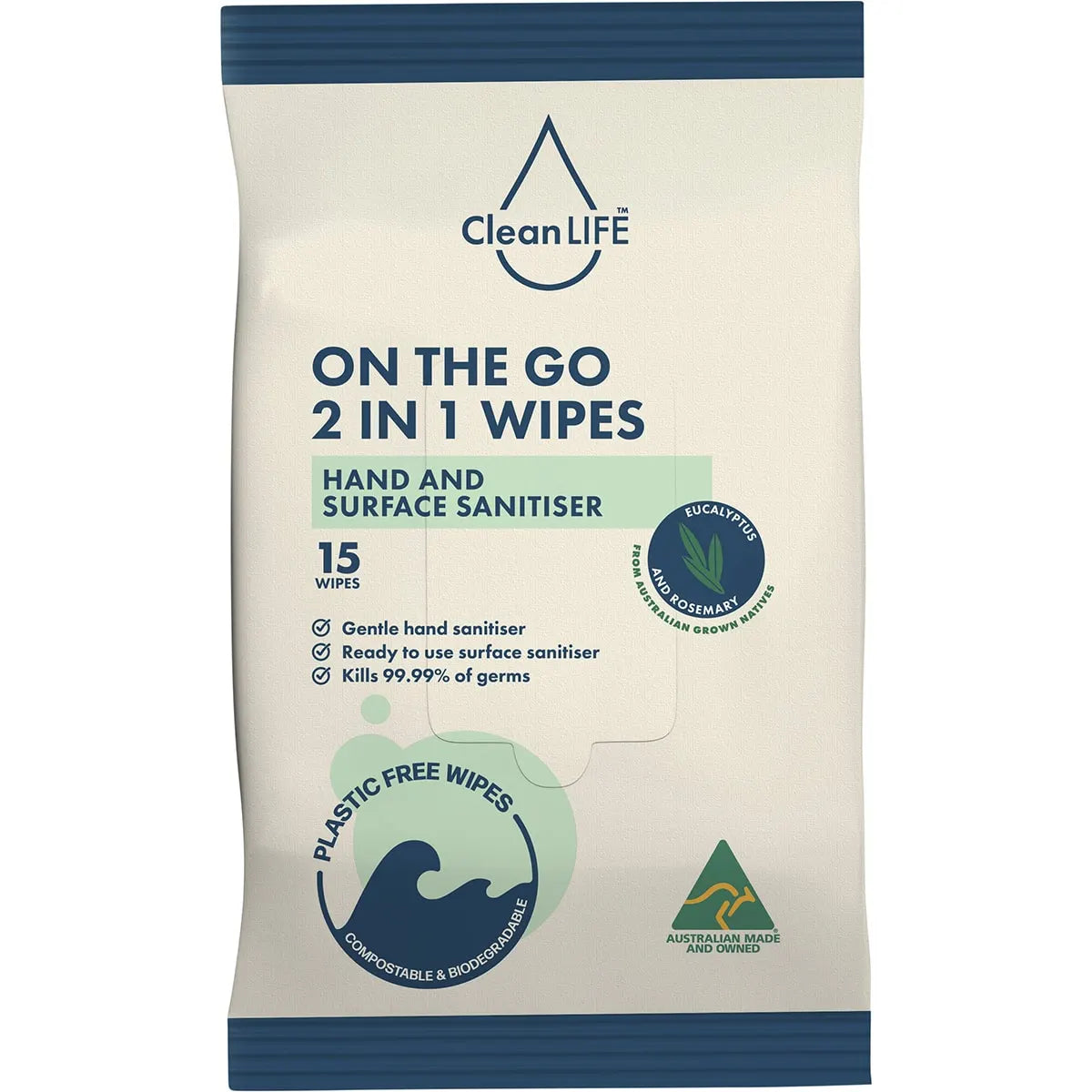 CleanLife 2 In 1 Plastic Free Wipes Hand and Surface Sanitiser 15pk