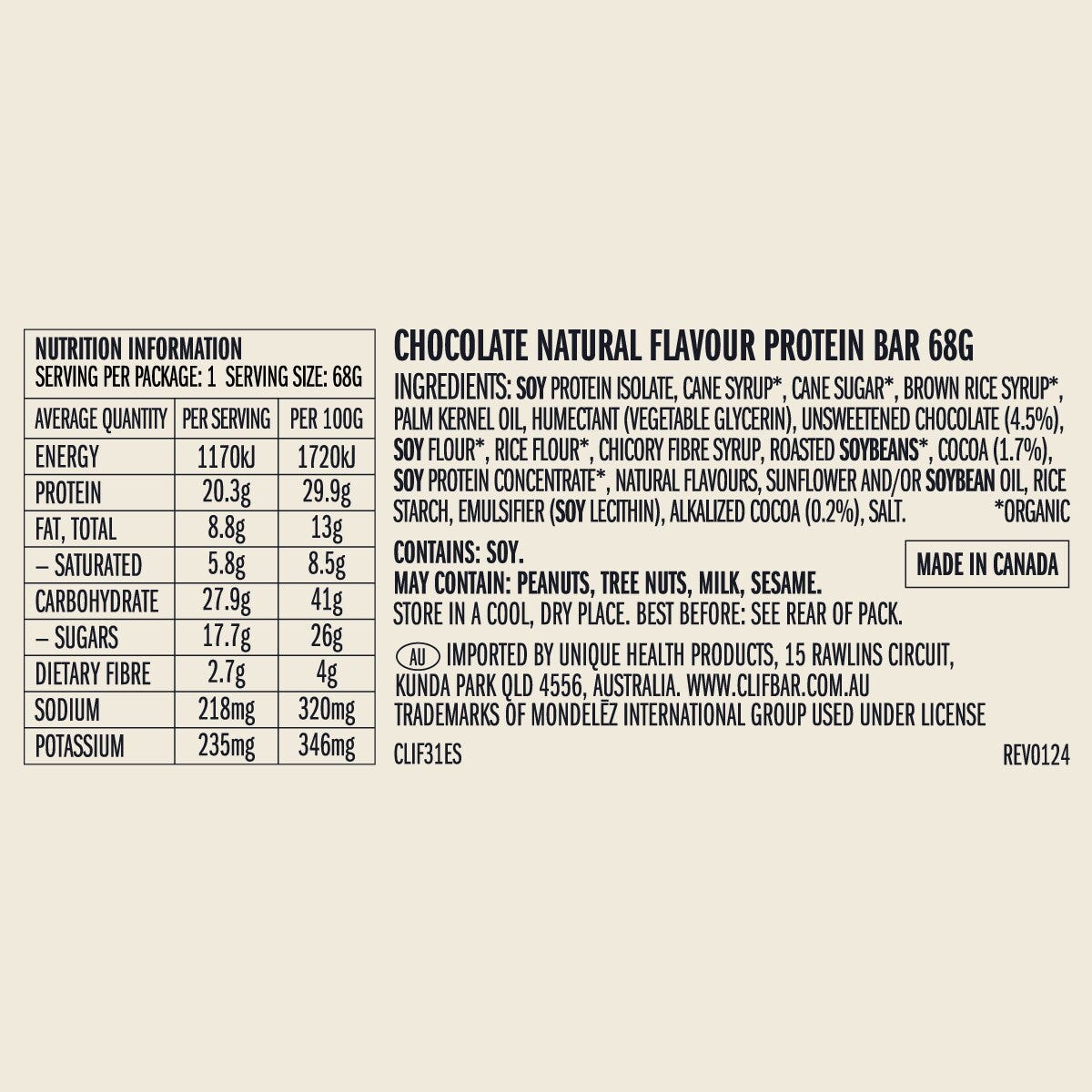 CLEARANCE - Clif Builders Bar Chocolate 68g Nutritional Information 