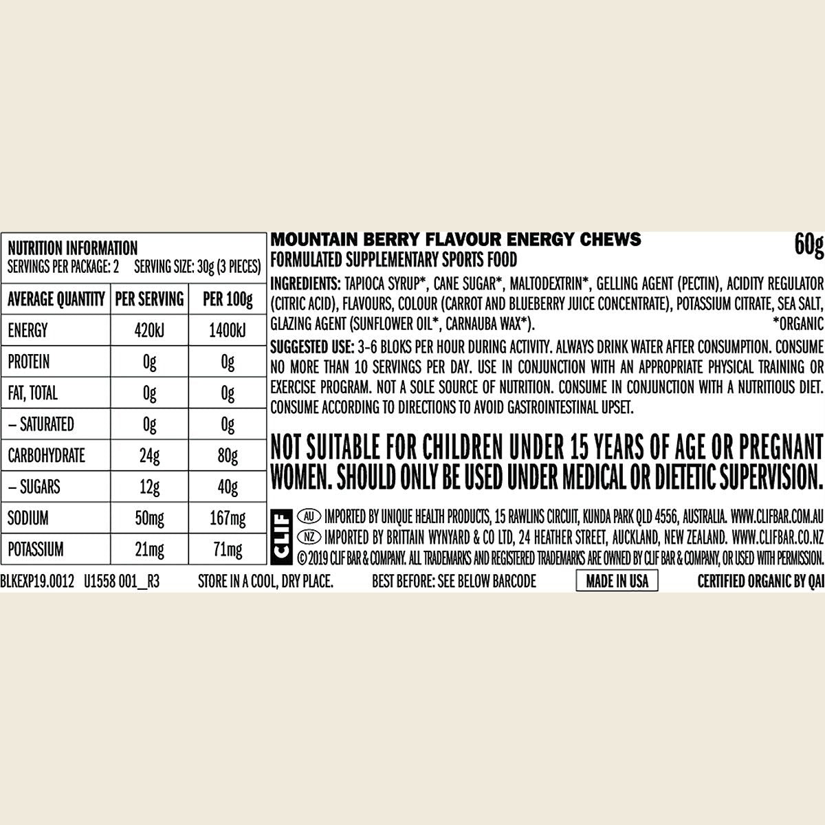 Clif Bloks Energy Chews Mountain Berry 60g Pack of 18 Nutritional Information