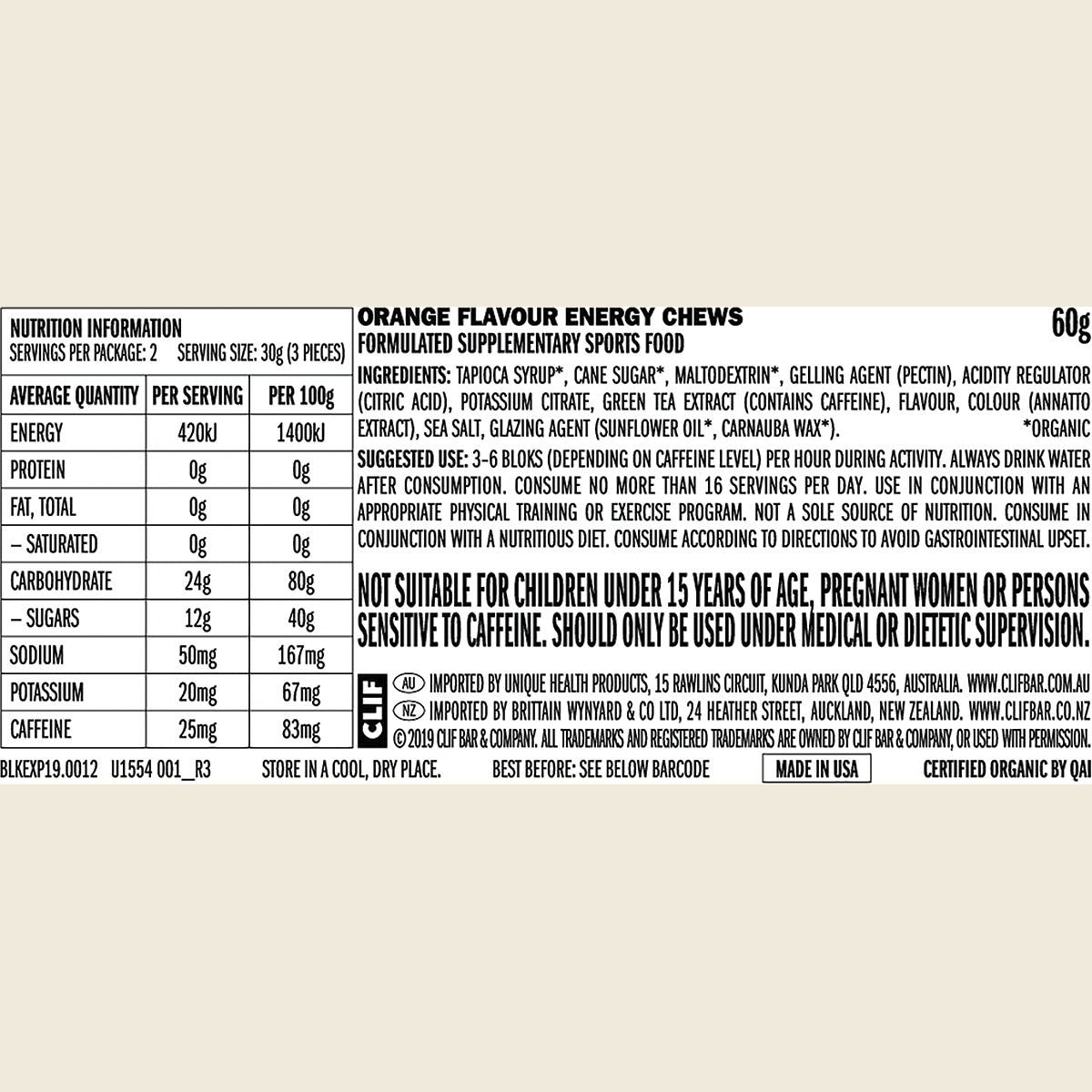 Clif Bloks Energy Chews Orange 25Mg Caffeine 60g Pack of 18 Nutritional Information