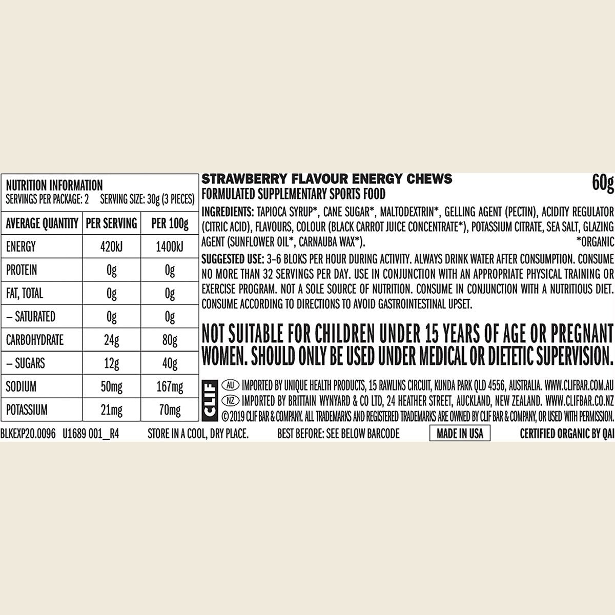 Clif Bloks Energy Chews Strawberry 60g Pack of 18 Nutritional Information