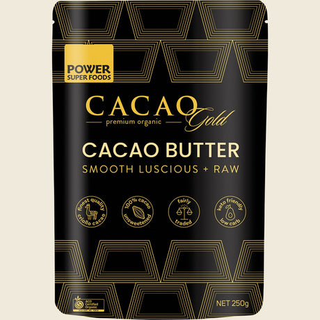 Power Super Foods Certified Organic Cacao Gold Butter Chunks Raw 250g front