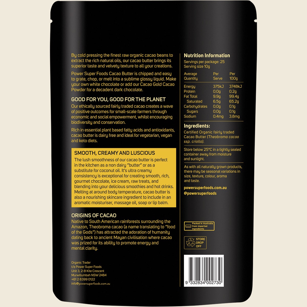 Power Super Foods Certified Organic Cacao Gold Butter Chunks Raw 250g back