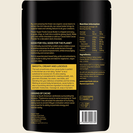 Power Super Foods Certified Organic Cacao Gold Butter Chunks Raw 250g back