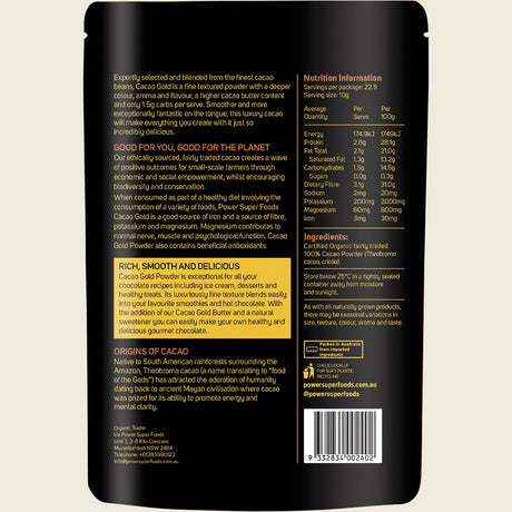 Power Super Foods Cacao Gold Powder 225g back label