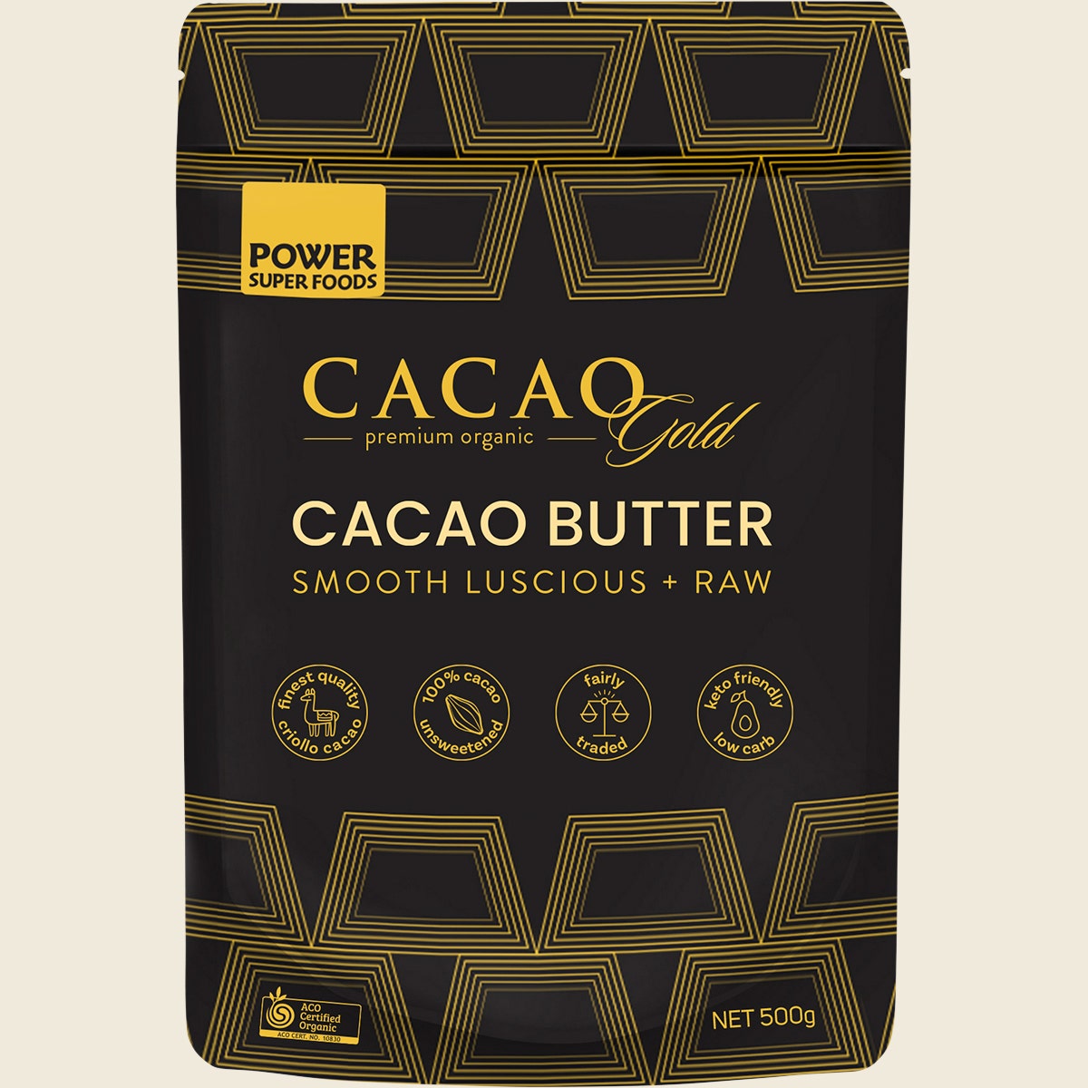 Power Super Foods Certified Organic Cacao Gold Butter Chunks Raw 500g back