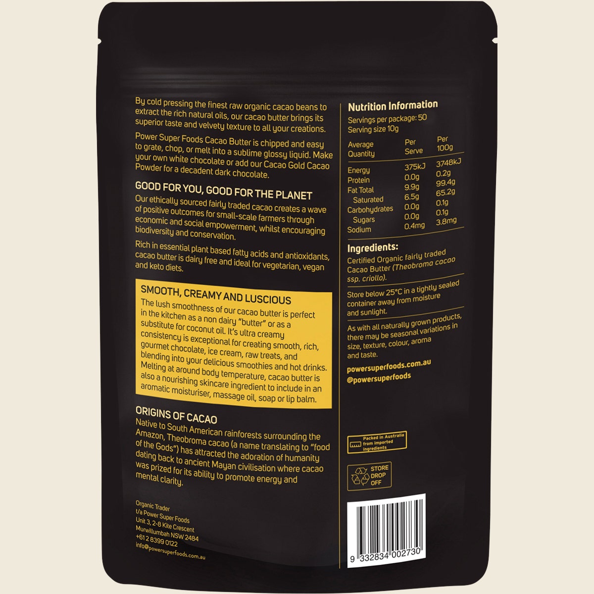 Power Super Foods Certified Organic Cacao Gold Butter Chunks Raw 500g front