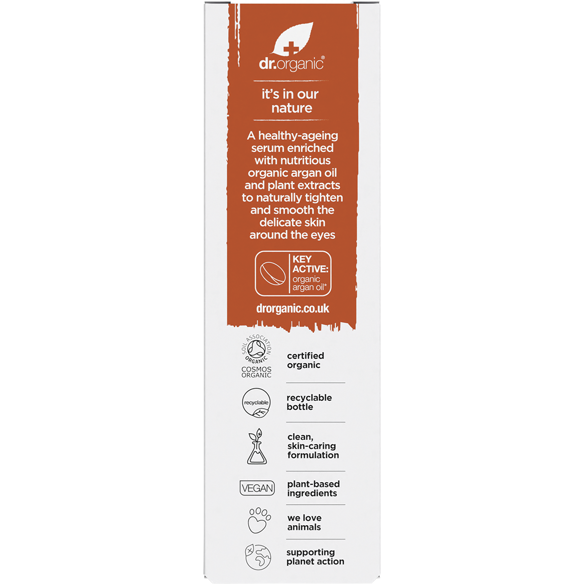 Dr Organic Certified Organic Eye Serum Tightening Organic Moroccan Argan Oil 30ml box back view