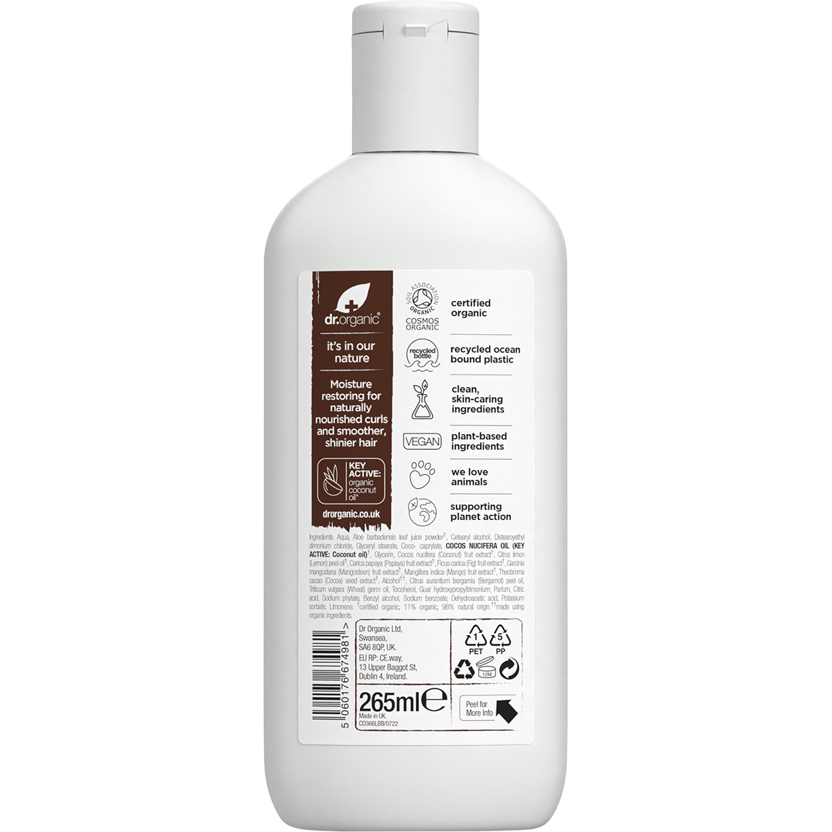Dr Organic Certified Organic Virgin Coconut Oil Conditioner 265ml back view