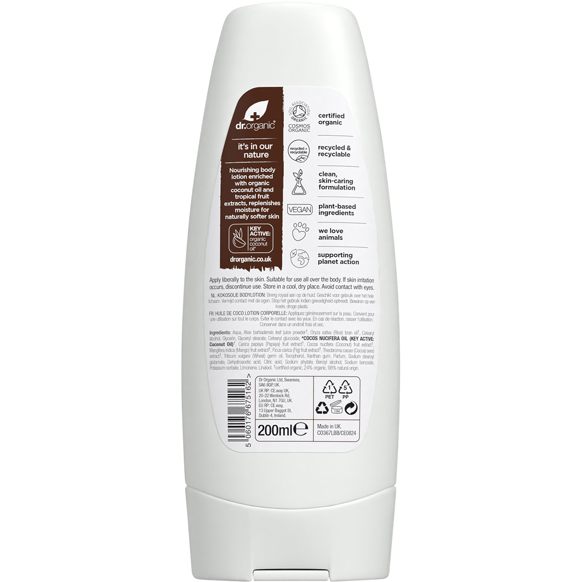 Dr Organic Skin Lotion Coconut Oil 200ml back