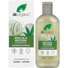 Dr Organic Rescue & Restore Shampoo Hemp Oil 265ml product and carton