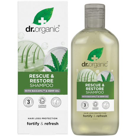 Dr Organic Rescue & Restore Shampoo Hemp Oil 265ml product and carton