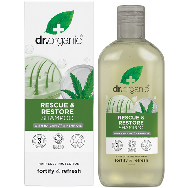 Dr Organic Rescue & Restore Shampoo Hemp Oil 265ml product and carton