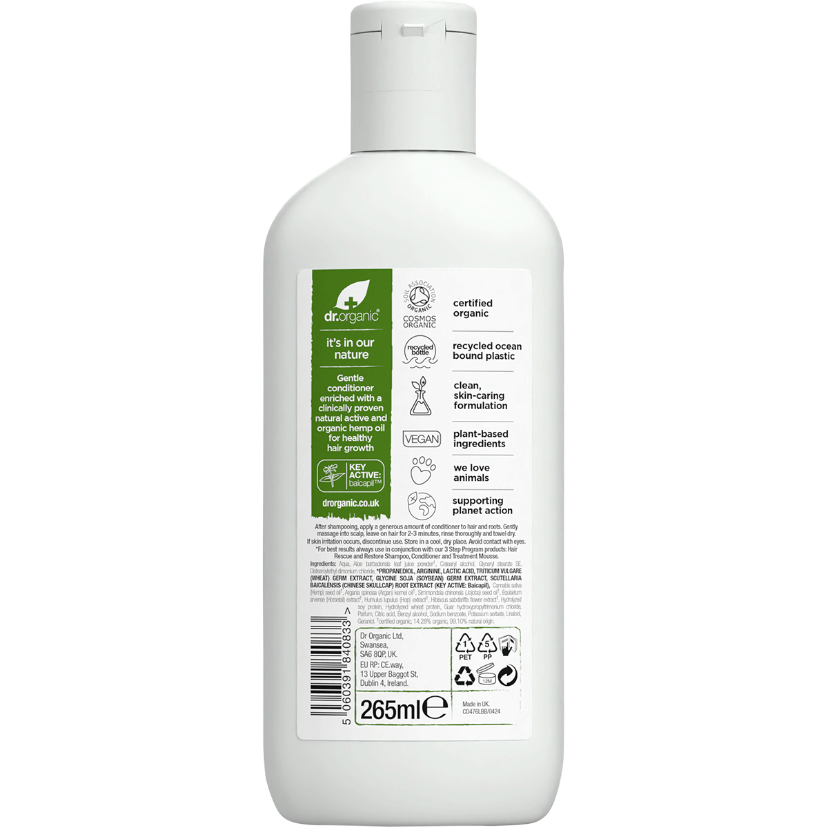 Dr Organic Certified Organic Rescue & Restore Conditioner Organic Hemp Oil 265ml back view
