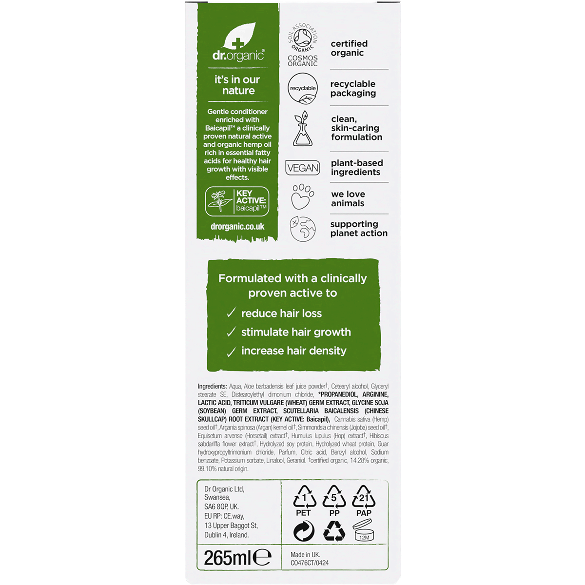 Dr Organic Certified Organic Rescue & Restore Conditioner Organic Hemp Oil 265ml box back view