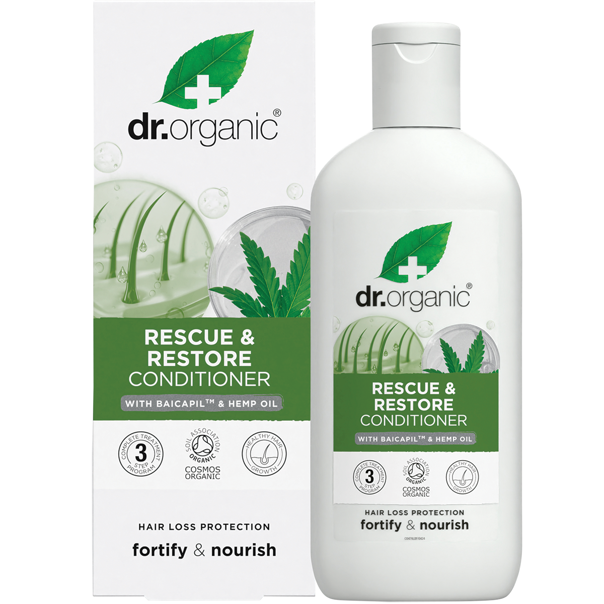 Dr Organic Rescue & Restore Conditioner Hemp Oil 265ml product and carton
