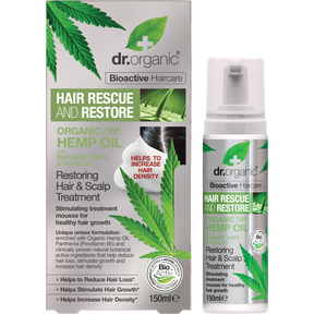 Dr Organic Certified Organic Hair & Scalp Treatment Restoring Organic Hemp Oil 150ml product and box view