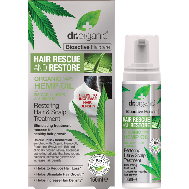 Dr Organic Certified Organic Hair & Scalp Treatment Restoring Organic Hemp Oil 150ml product and box view