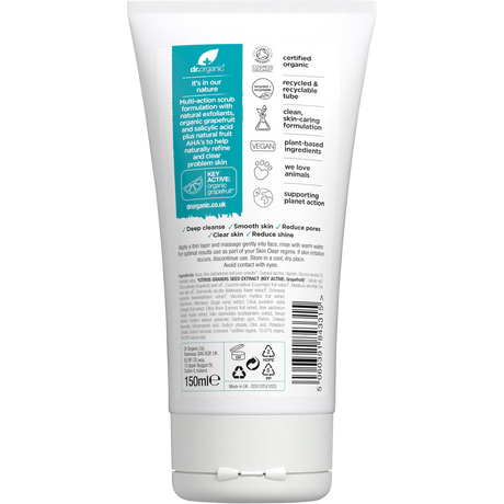Dr Organic Certified Organic Exfoliating Face Scrub Skin Clear Organic Tea Tree 150ml back view