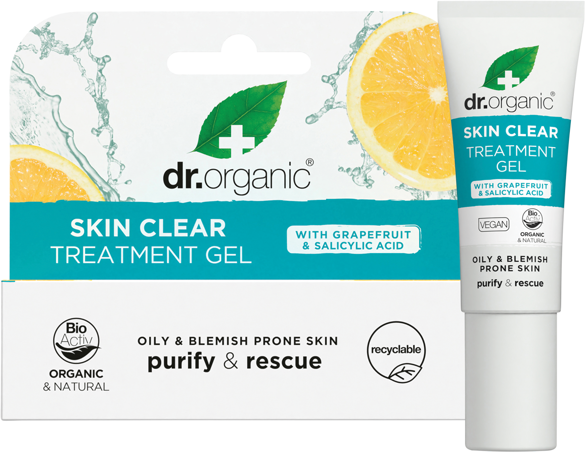 Dr Organic Treatment Gel Skin Clear 10ml product and carton