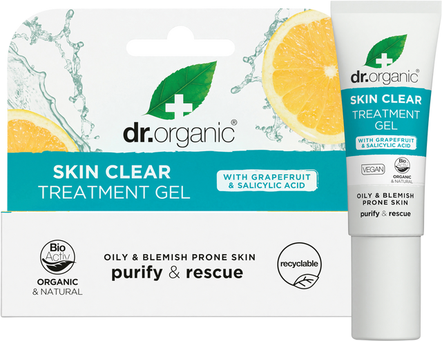 Dr Organic Treatment Gel Skin Clear 10ml product and carton