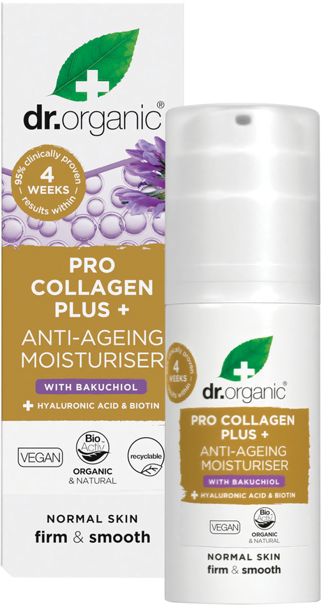 Dr Organic Pro Collagen Plus+ Anti-Ageing Moisturiser Bakuchiol 50ml product and carton