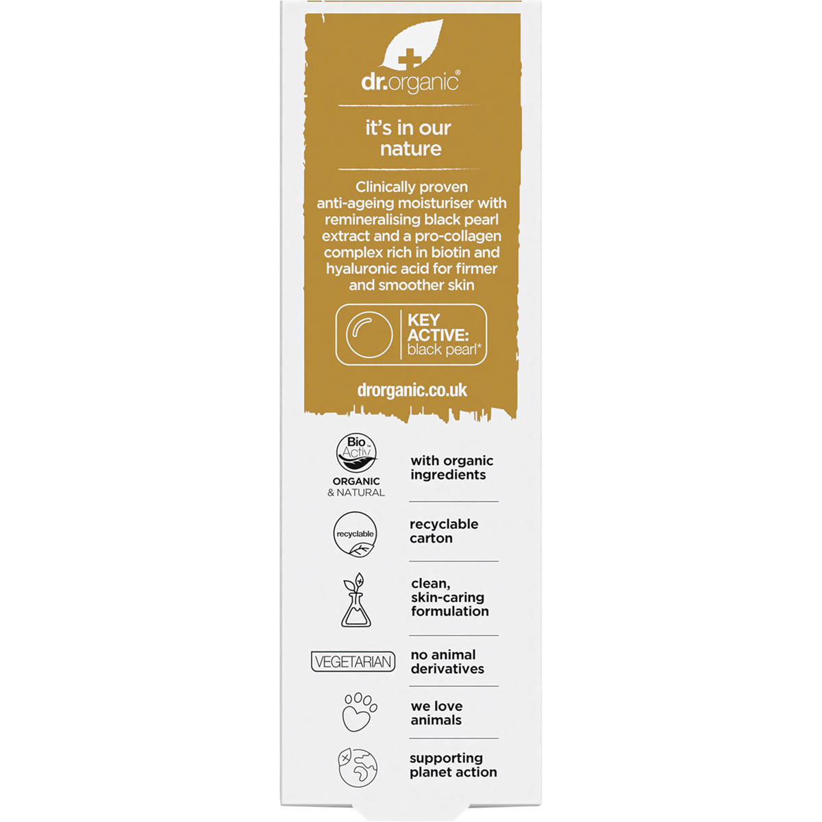 Dr Organic Pro Collagen Plus+ Anti Ageing Moisturiser Black Pearl 50ml carton back