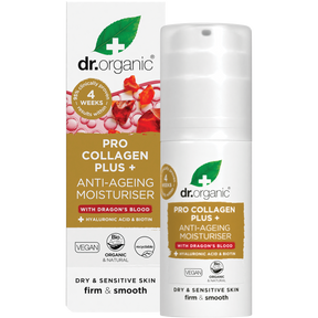 Dr Organic Pro Collagen Plus+ Anti Ageing Moisturiser Dragon Blood 50ml product and carton