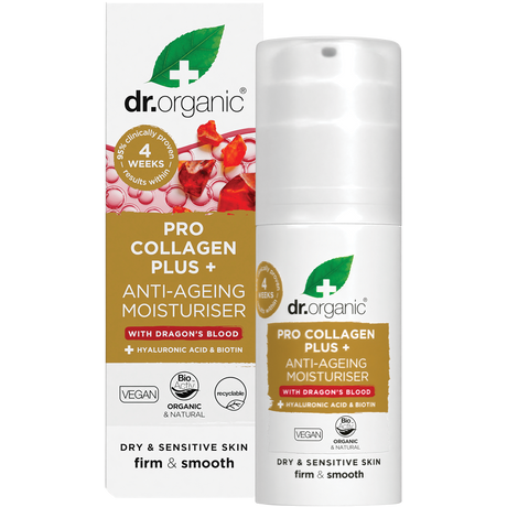 Dr Organic Pro Collagen Plus+ Anti Ageing Moisturiser Dragon Blood 50ml product and carton