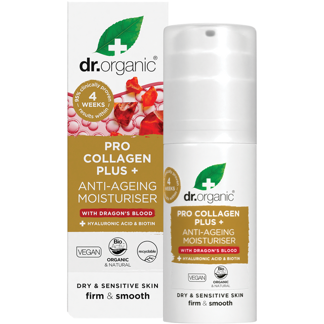 Dr Organic Pro Collagen Plus+ Anti Ageing Moisturiser Dragon Blood 50ml product and carton
