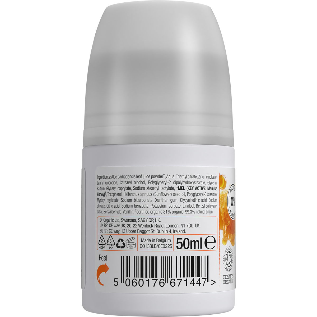 Dr Organic Certified Organic Roll-On Deodorant Organic Manuka Honey 50ml left side view