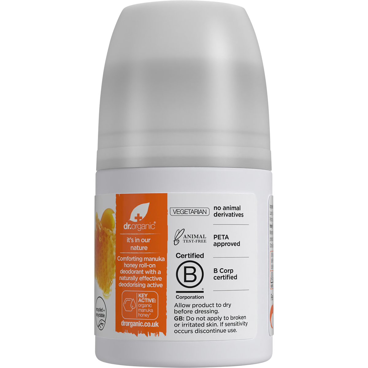 Dr Organic Certified Organic Roll-On Deodorant Organic Manuka Honey 50ml right side view