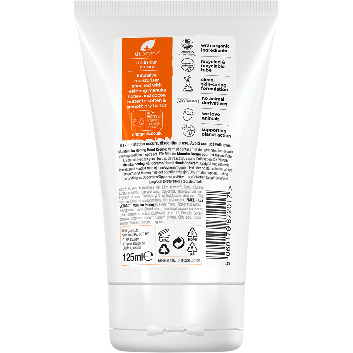 Dr Organic Organic & Natural Hand Cream Manuka Honey 125ml back view