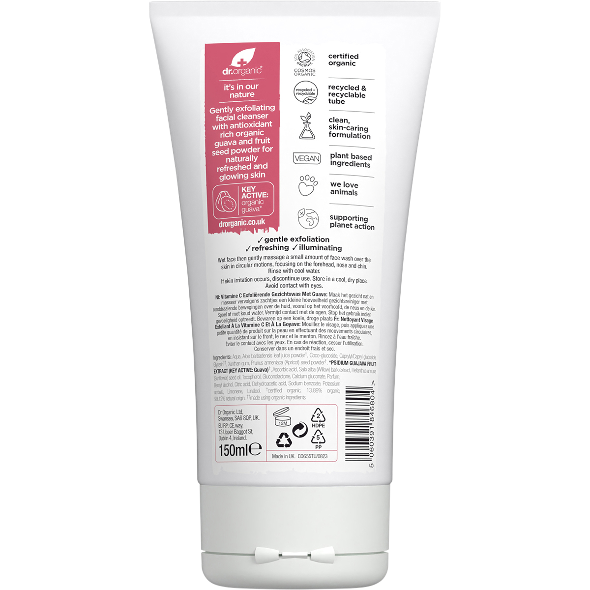 Dr Organic Certified Organic Exfoliating Face Wash Organic Guava 150ml back view