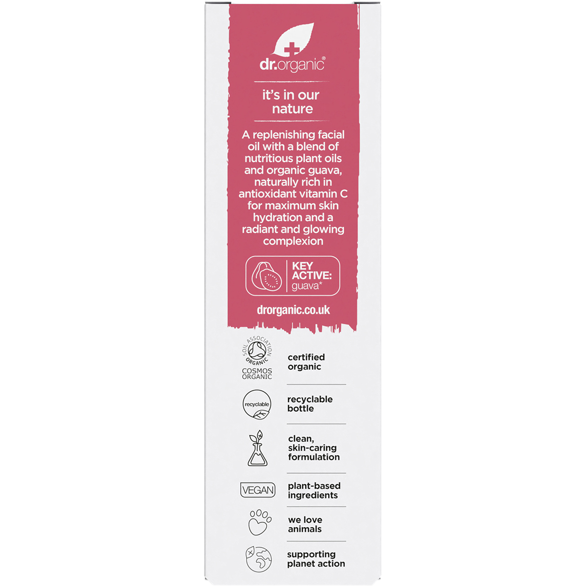 Dr Organic Certified Organic Facial Serum Organic Guava 30ml box back view