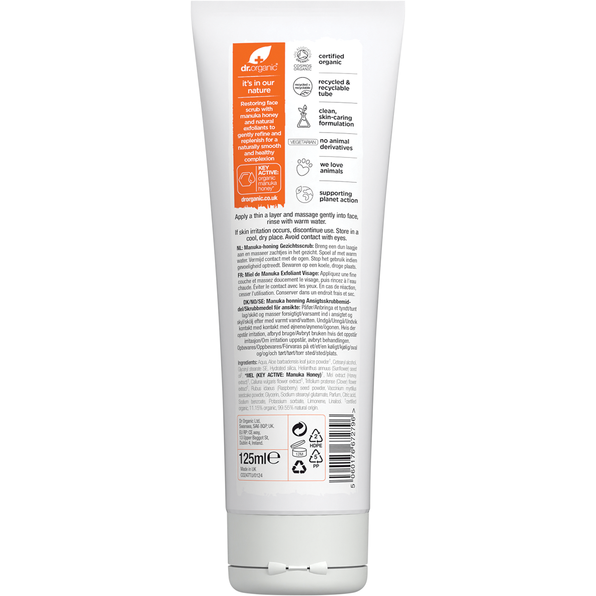 Dr Organic Certified Organic Face Scrub Organic Manuka Honey 125ml back view