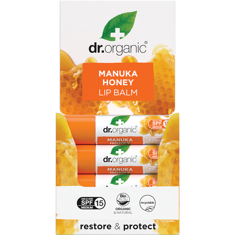 Dr Organic Lip Balm SPF 15 Manuka Honey 5.7ml display