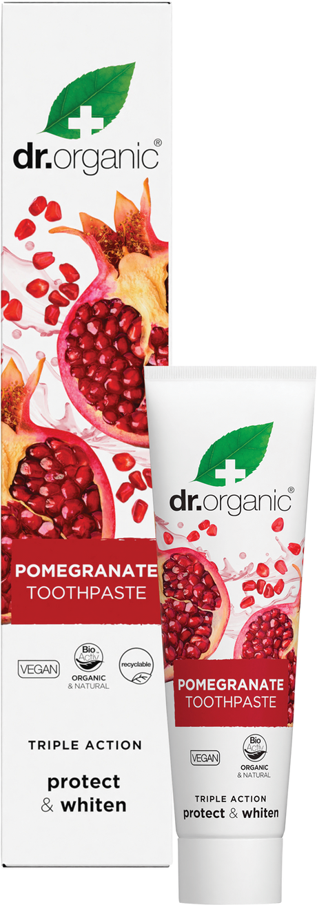 Dr Organic Toothpaste Whitening Organic Pomegranate 100ml product and carton