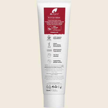 Dr Organic Pomegranate Toothpaste 100ml tube back