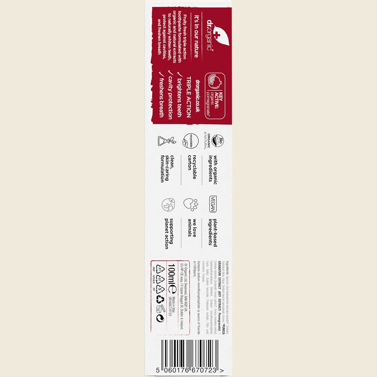 Dr Organic Pomegranate Toothpaste 100ml carton back