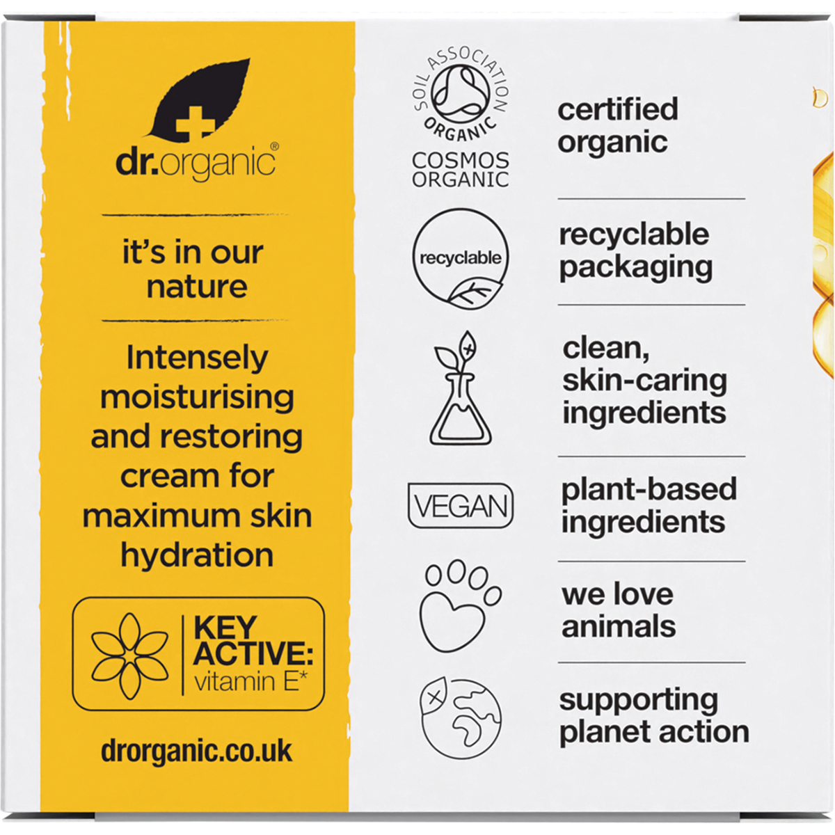Dr Organic Certified Organic Cream Vitamin E 50ml box back view