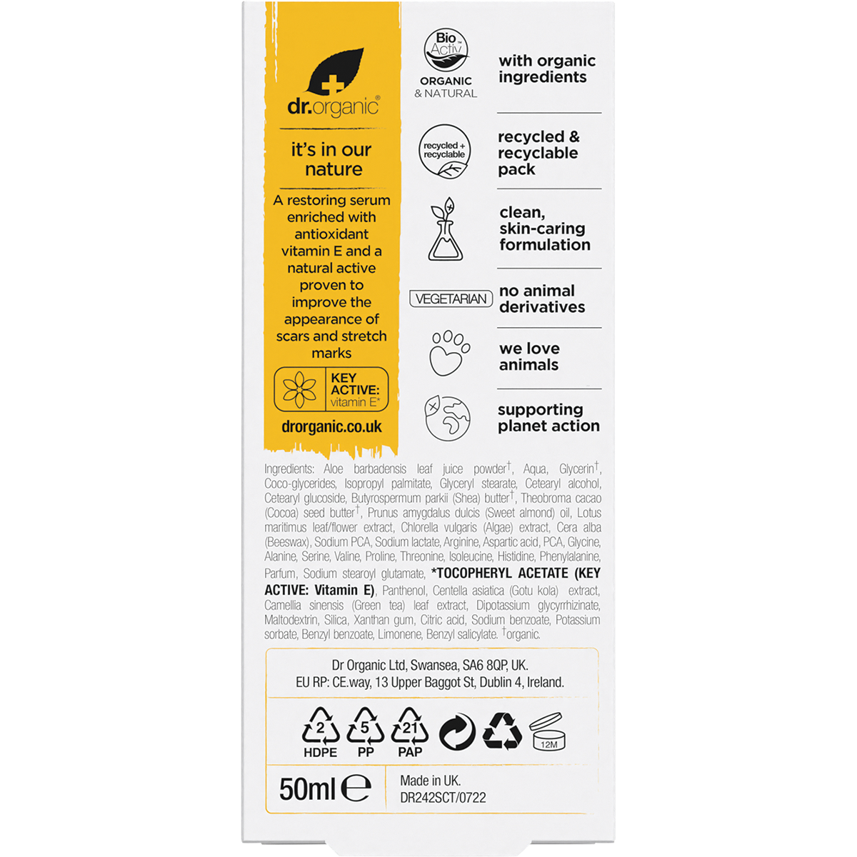 Dr Organic Scar & Stretch Serum Vitamin E 50ml carton back