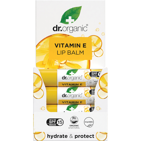 Dr Organic Lip Balm SPF 15 Vitamin E 5.7ml display