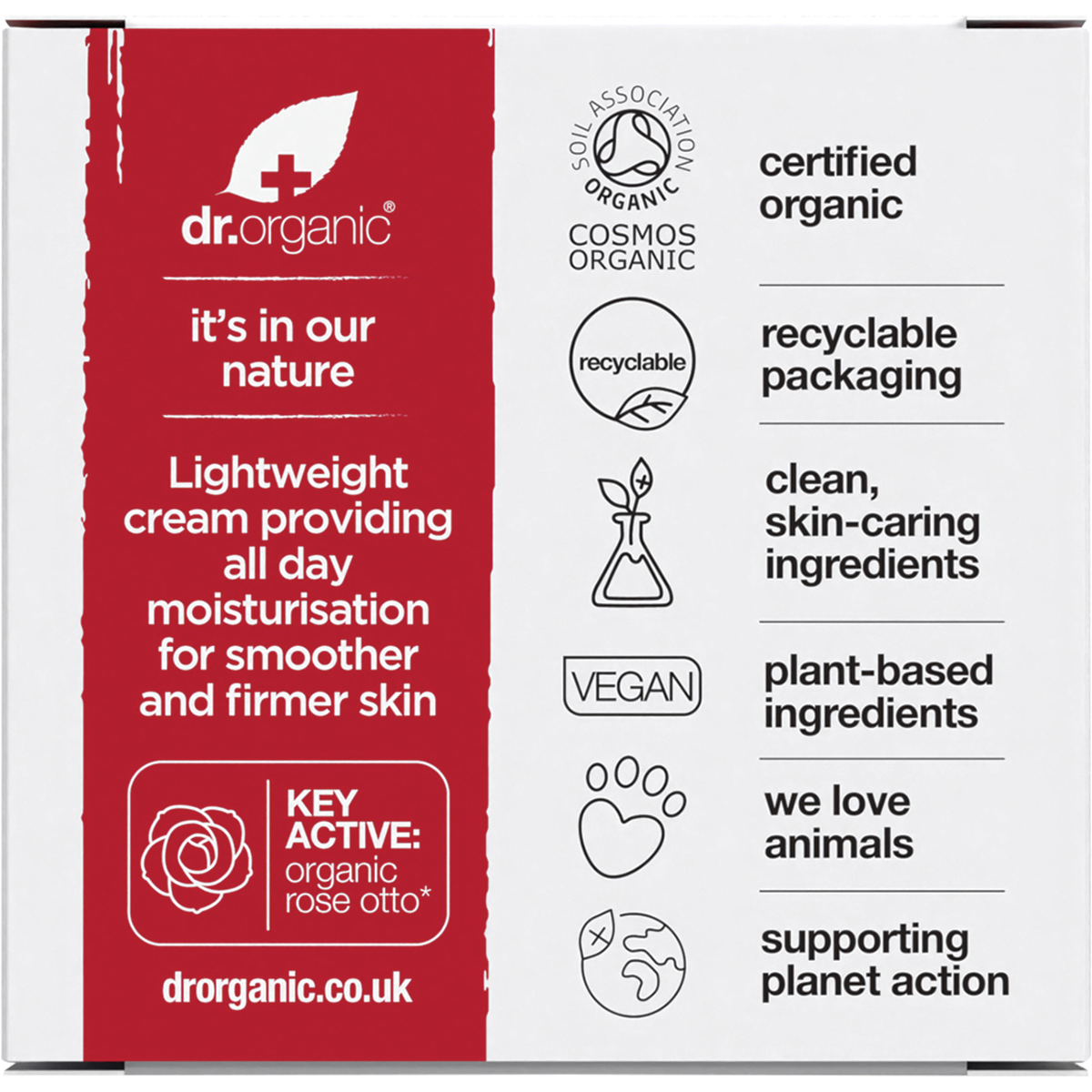 Dr Organic Certified Organic Day Cream Rose Otto 50ml box back view