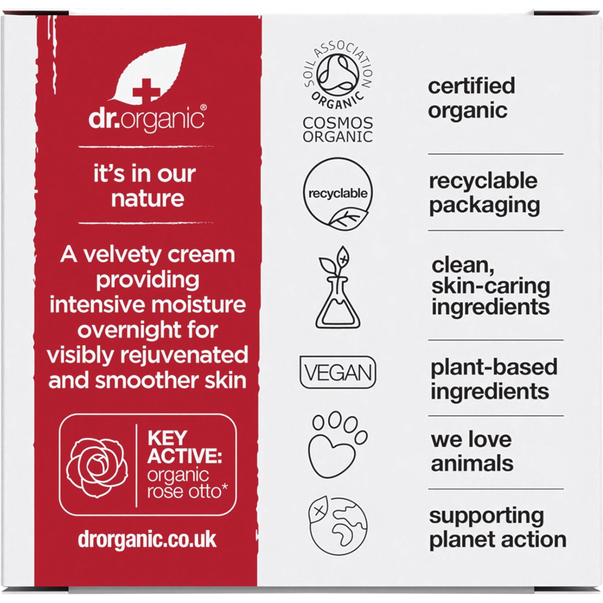 Dr Organic Certified Organic Night Cream Rose Otto 50ml box back view