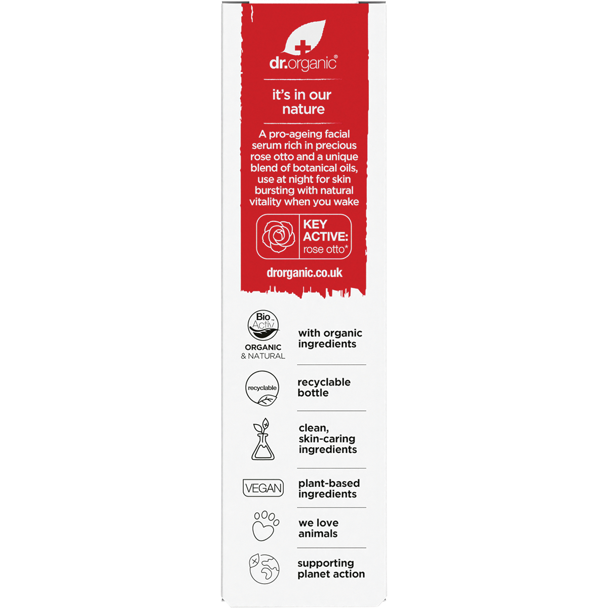 Dr Organic Organic & Natural Facial Serum Rose Otto 30ml box back view
