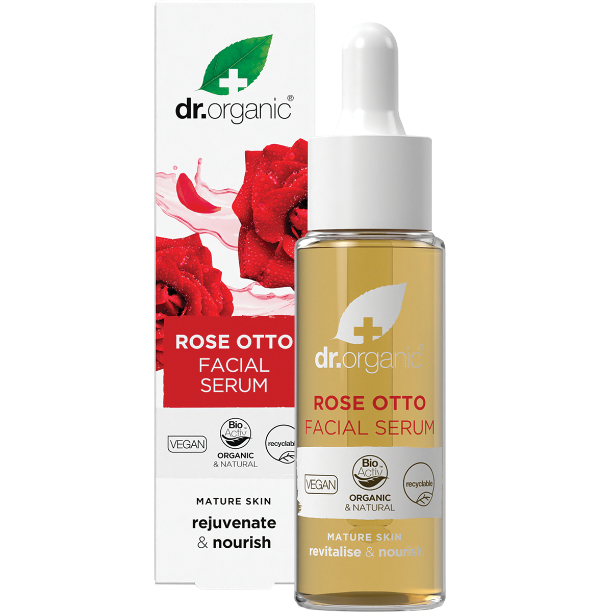 Dr Organic Facial Serum Rose Otto 30ml product and carton